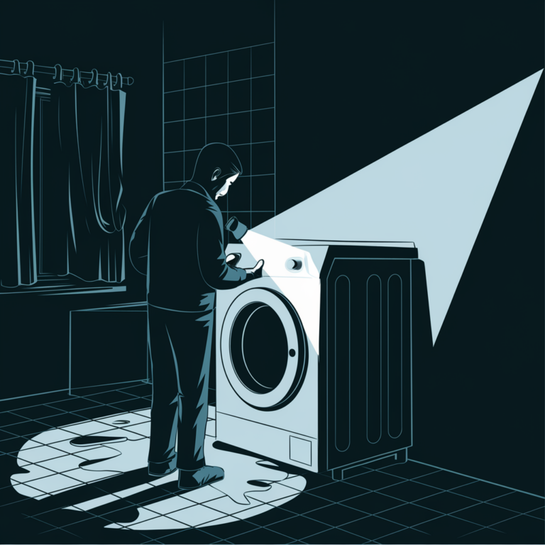 ciemne pomieszczenie z pralką która wywala korki