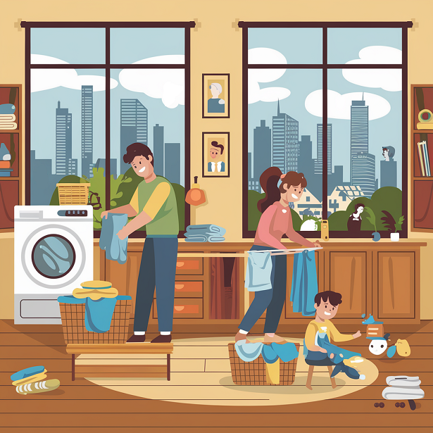 Rodzina w mieszkaniu na Bemowie robi pranie, podkreślając znaczenie serwisu AGD oraz naprawy pralek w Warszawie