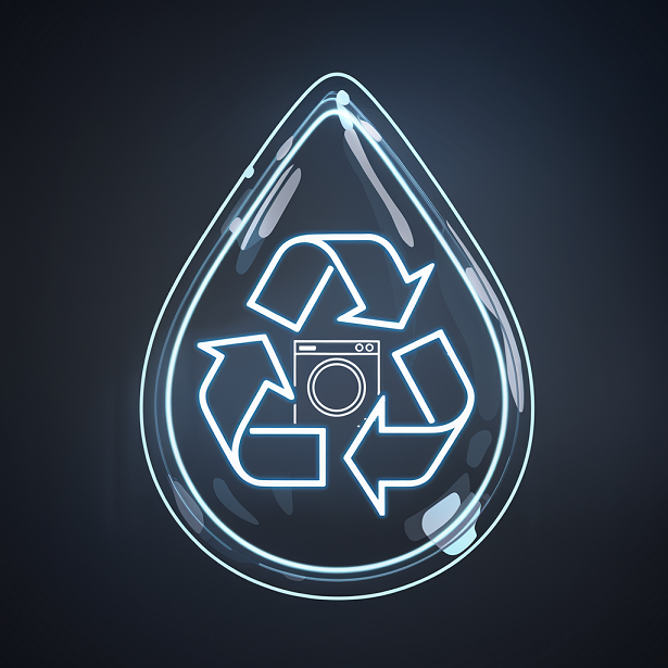 Futurystyczna kropla wody z recyklingiem i zarysem pralki, nawiązująca do zaawansowanego serwisu pralek Bemowo