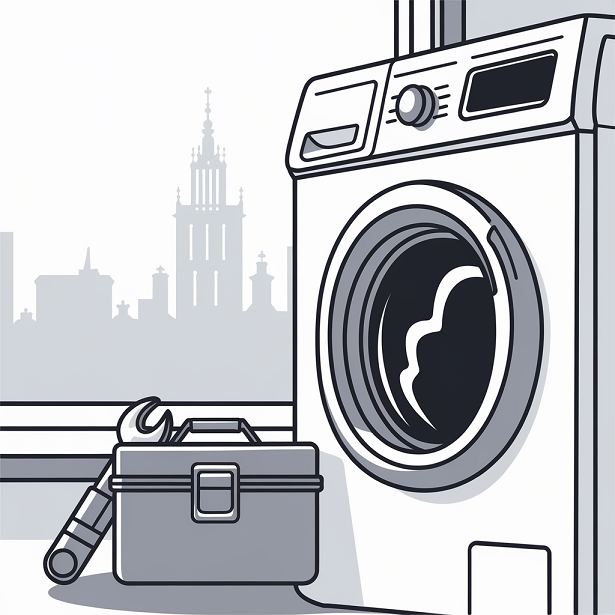 Uszkodzona pralka z narzędziami serwisowymi – szybka naprawa pralek Warszawa.