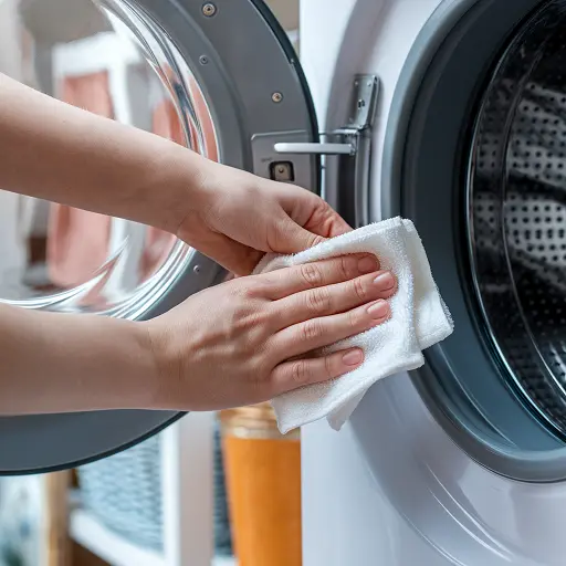 Czyszczenie gumowej uszczelki drzwi pralki miękką ściereczką