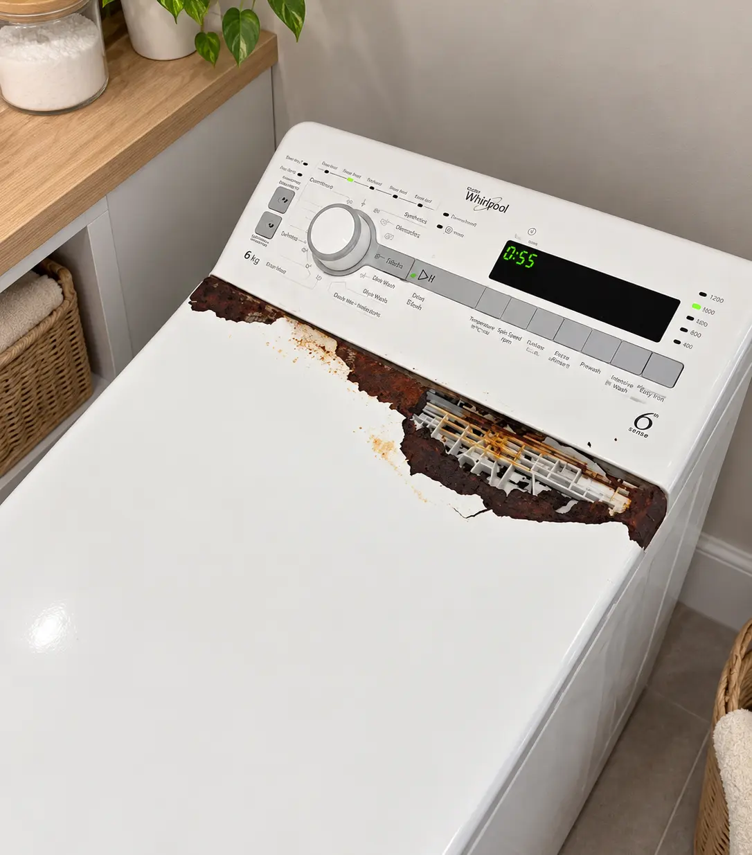 Zardzewiała górna pokrywa pralki Whirlpool ładowanej od góry – korozja obudowy